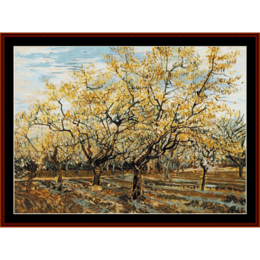 Counted Cross Stitch Pattern by Cross Stitch Collectibles of a tree with yellow leaves in an orchard setting
