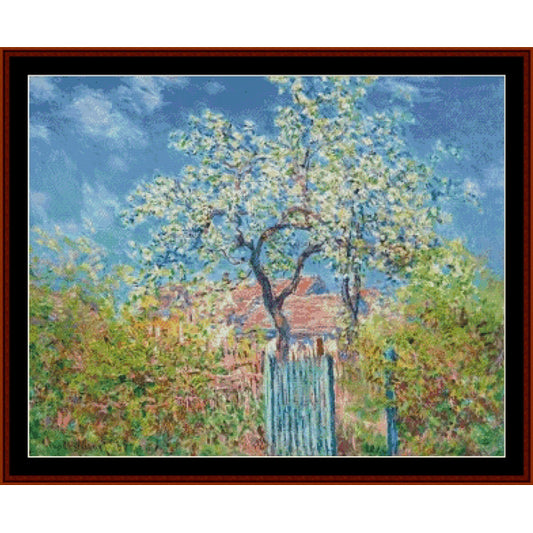 Counted Cross Stitch Pattern by Cross Stitch Collectibles of a garden scene with a tree and house under a blue sky.