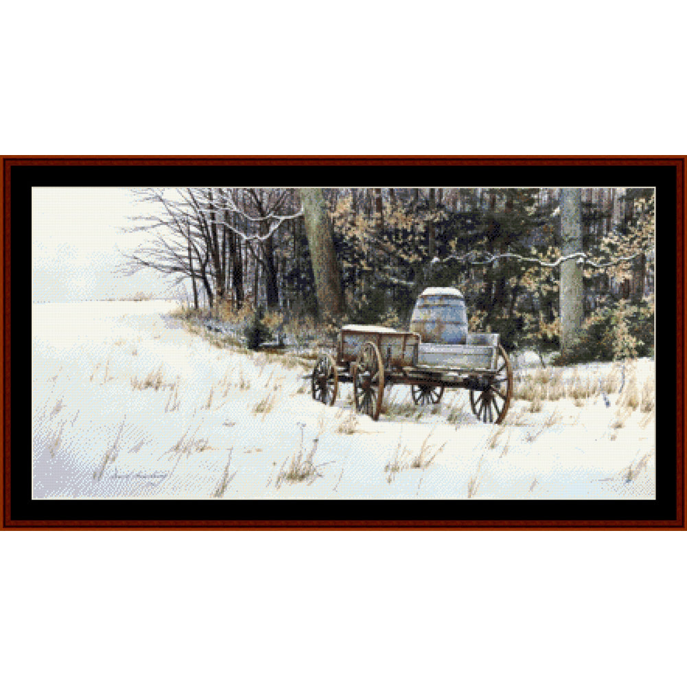 Counted Cross Stitch Pattern by Cross Stitch Collectibles of a covered wagon in a snowy landscape with trees in the background