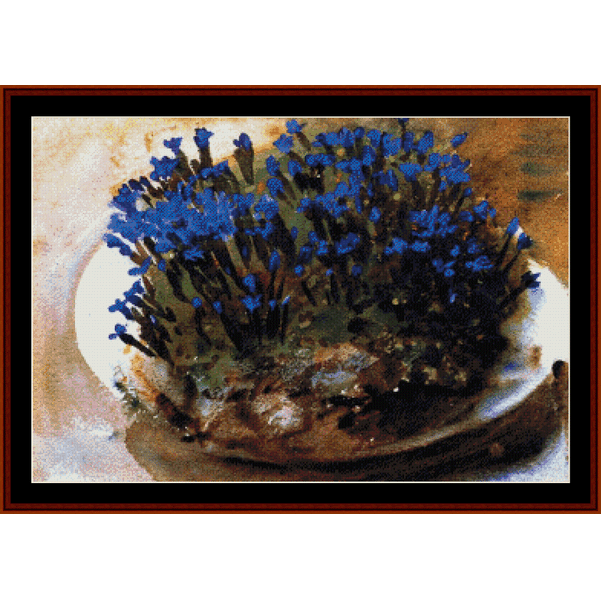 Cross Stitch Pattern by Cross Stitch Collectibles of blue flowers on a plate 