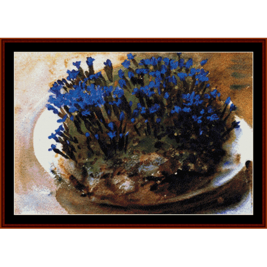 Cross Stitch Pattern by Cross Stitch Collectibles of blue flowers on a plate 