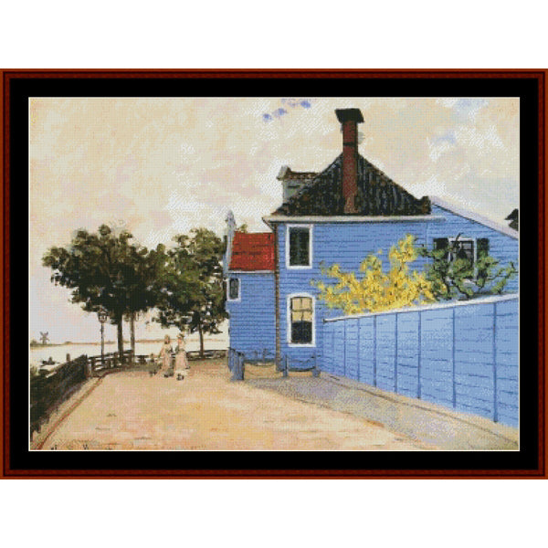 Cross Stitch Pattern by Cross Stitch Collectibles of a blue house with people walking on a path