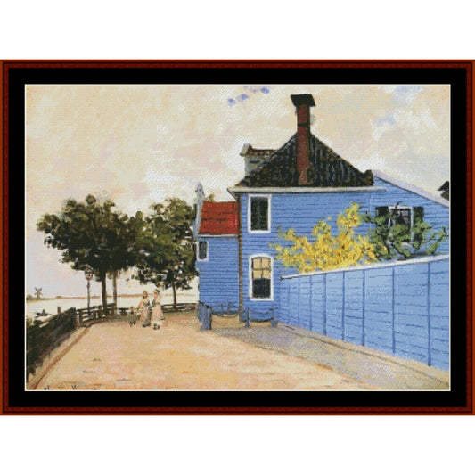 Cross Stitch Pattern by Cross Stitch Collectibles of a blue house with people walking on a path