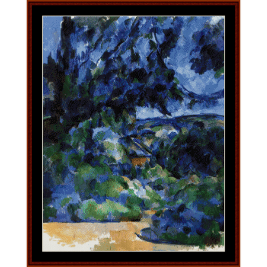 Cross Stitch Pattern by Cross Stitch Collectibles depicting a blue landscape with trees, inspired by the artwork of Paul Cezanne