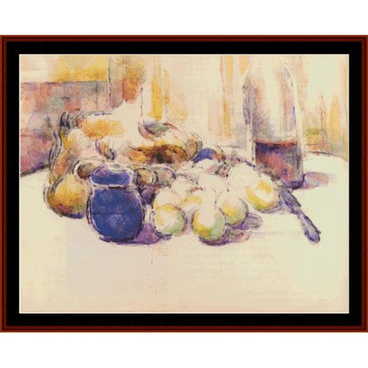 Cross Stitch Pattern by Cross Stitch Collectibles of a Still life painting with fruits and bottles on a table