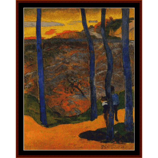 Cross Stitch Pattern by Cross Stitch Collectibles of a landscape with blue trees and a person walking, featuring a warm color palette.