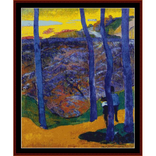 Cross Stitch Pattern by Cross Stitch Collectibles with blue trees and a person walking