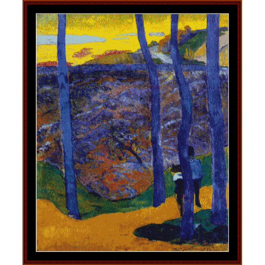 Cross Stitch Pattern by Cross Stitch Collectibles with blue trees and a person walking