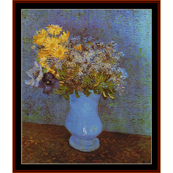 Counted Cross Stitch Pattern by Cross Stitch Collectibles of a bouquet of flowers in a blue vase on a textured surface.