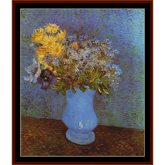 Counted Cross Stitch Pattern by Cross Stitch Collectibles of a bouquet of flowers in a blue vase on a textured surface.