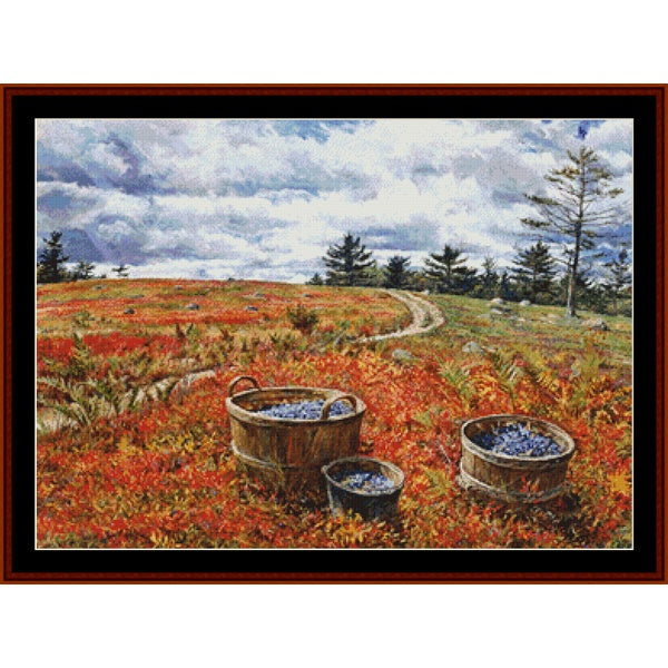 Cross Stitch Pattern by Cross Stitch Collectiblesof a landscape with three wooden tubs filled with blueberries in an autumn field.
