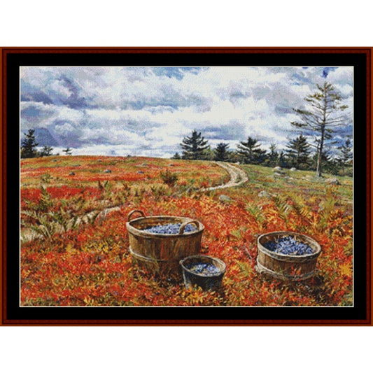 Cross Stitch Pattern by Cross Stitch Collectiblesof a landscape with three wooden tubs filled with blueberries in an autumn field.