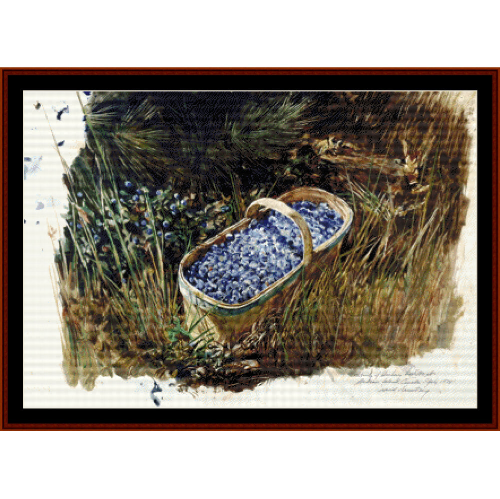 Cross Stitch Pattern by Cross Stitch Collectibles of a basket filled with blueberries in a natural setting