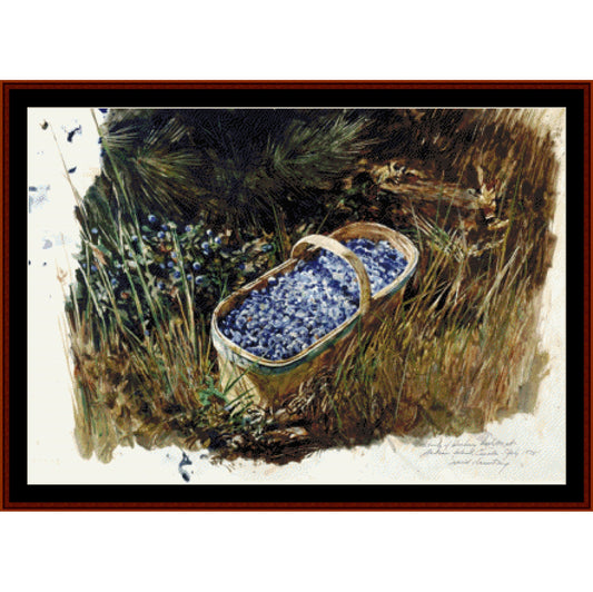Cross Stitch Pattern by Cross Stitch Collectibles of a basket filled with blueberries in a natural setting