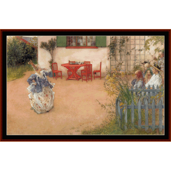 Cross Stitch Pattern by Cross Stitch Collectibles of a garden scene with people and furniture