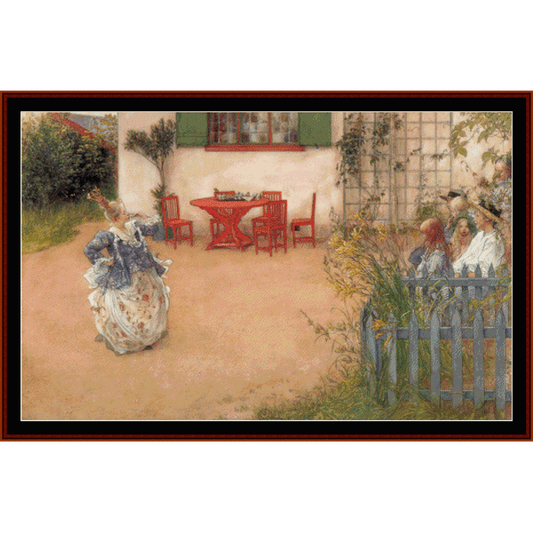 Cross Stitch Pattern by Cross Stitch Collectibles of a garden scene with people and furniture