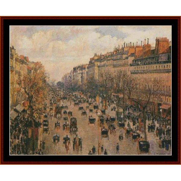Cross Stitch Pattern by Cross Stitch Collectibles of a busy street scene with people and horse-drawn carriages, featuring buildings and trees.