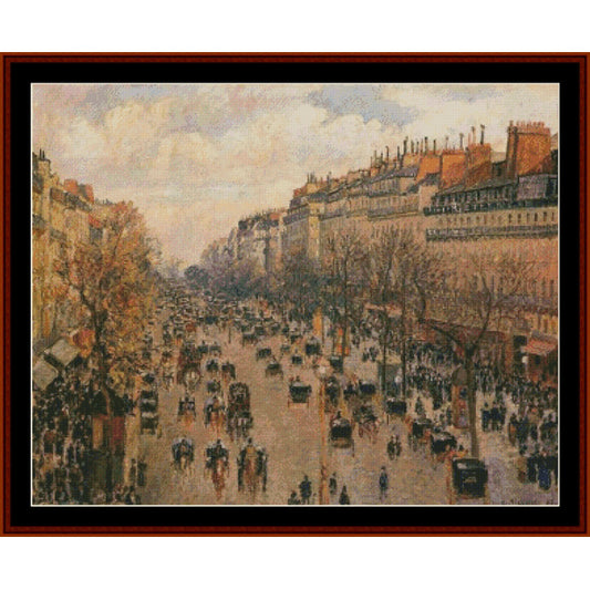Cross Stitch Pattern by Cross Stitch Collectibles of a busy street scene with people and horse-drawn carriages, featuring buildings and trees.