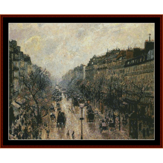 Cross Stitch Pattern by Cross Stitch Collectibles of a city street scene with buildings and people, possibly from the late 19th century.