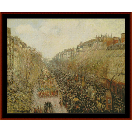 Cross Stitch Pattern by Cross Stitch Collectiblesof a crowded street scene with people and buildings.