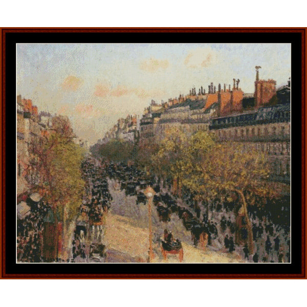 Cross Stitch Pattern by Cross Stitch Collectibles of a city street with people and buildings, likely from the late 19th century.