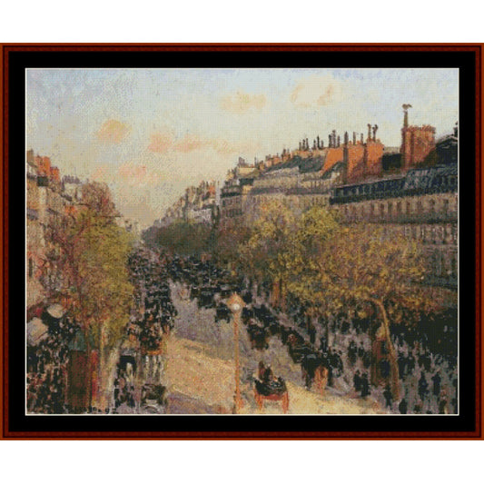 Cross Stitch Pattern by Cross Stitch Collectibles of a city street with people and buildings, likely from the late 19th century.