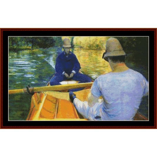 Cross Stitch Pattern by Cross Stitch Collectibles of Two men rowing a boat on a river with a blurred background