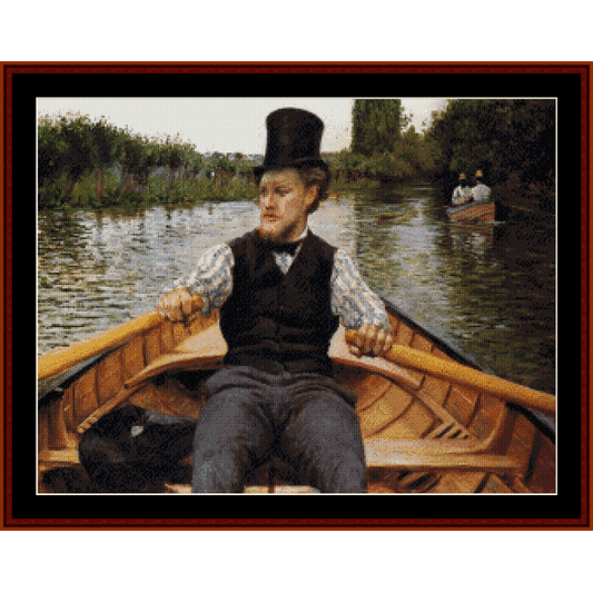 Counted Cross Stitch Pattern by Cross Stitch Collectibles of a Man in a boat with a top hat on a river scene