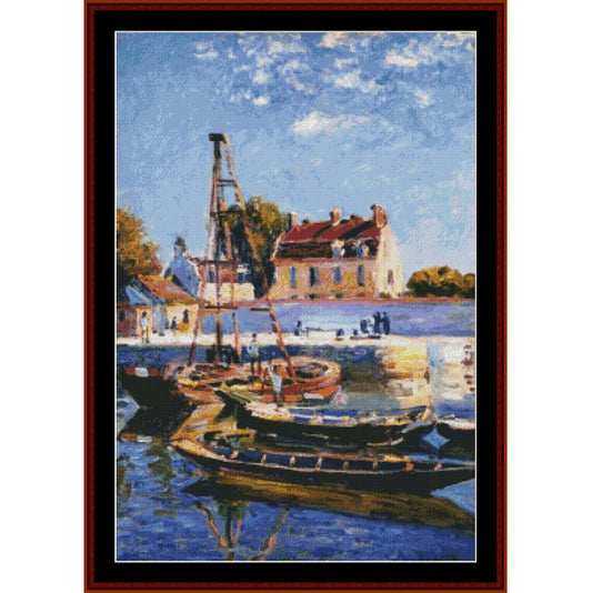 Counted Cross Stitch Pattern by Cross Stitch Collectibles by Cross Stitch Collectibles of a harbor scene with boats and buildings.
