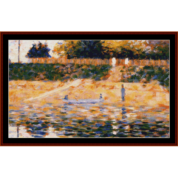 Counted Cross Stitch Pattern by Cross Stitch Collectibles depicting a painting with boats near a beach, with a predominantly blue and yellow color palette.