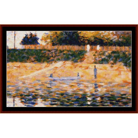 Counted Cross Stitch Pattern by Cross Stitch Collectibles depicting a painting with boats near a beach, with a predominantly blue and yellow color palette.