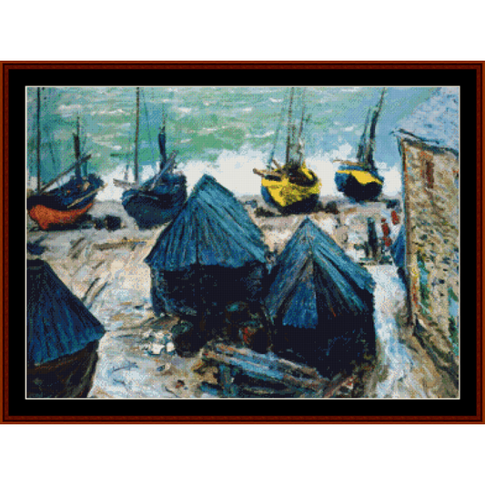 Counted Cross Stitch Pattern by Cross Stitch Collectibles depicting boats on the beach, based on the artwork by Claude Monet.