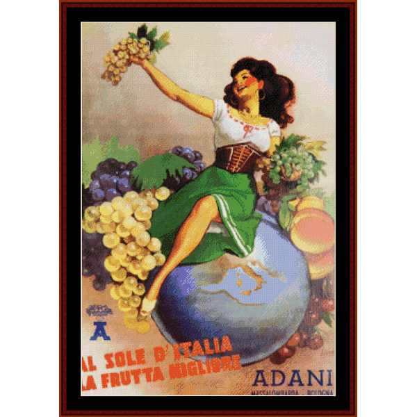 Cross Stitch Pattern by Cross Stitch Collectibles depicting a woman holding grapes and standing on a globe, with the text 'Alla Sole Italia' and 'Adani' branding.