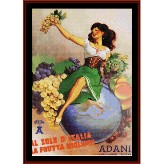 Cross Stitch Pattern by Cross Stitch Collectibles depicting a woman holding grapes and standing on a globe, with the text 'Alla Sole Italia' and 'Adani' branding.