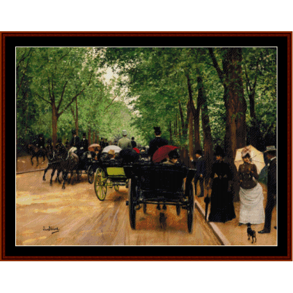 Cross Stitch Pattern by Cross Stitch Collectibles depicting a historical scene with people and horses in a park.