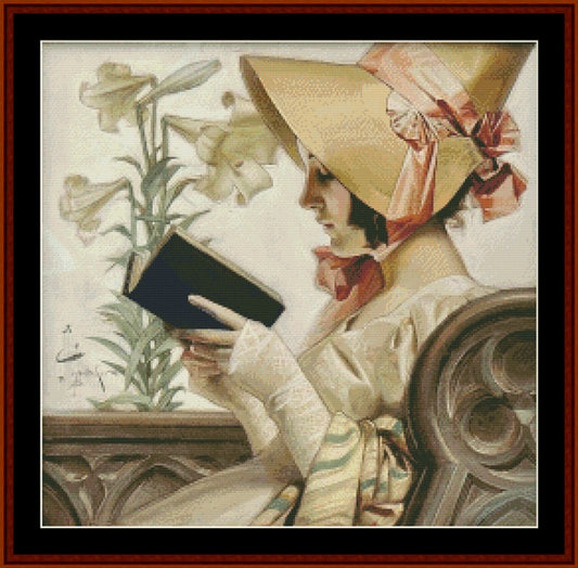 Counted Cross Stitch Pattern by Cross Stitch Collectibles depicting a woman in a bonnet reading a book, with a colorful cover featuring floral elements.