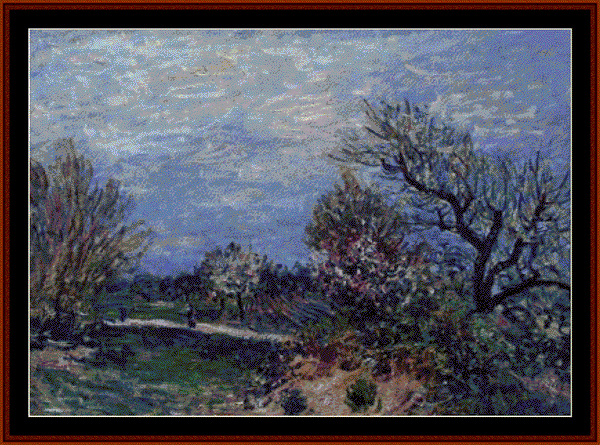 Counted Cross Stitch Pattern by Cross Stitch Collectibles depicting a landscape with trees and a path, reminiscent of Impressionist style.