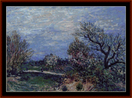 Counted Cross Stitch Pattern by Cross Stitch Collectibles depicting a landscape with trees and a path, reminiscent of Impressionist style.