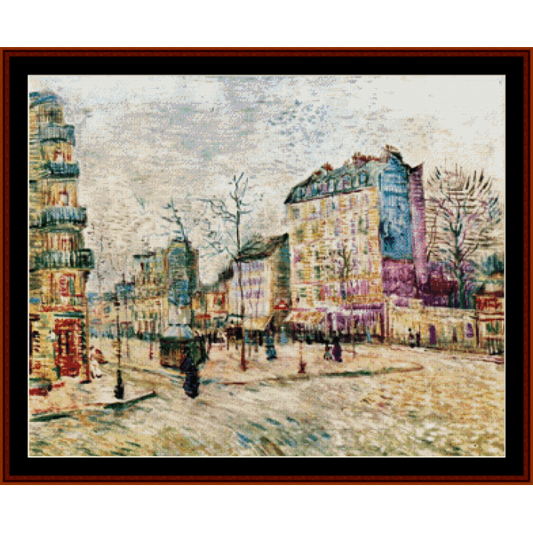 Counted Cross Stitch Pattern by Cross Stitch Collectibles of a vibrant street scene inspired by Vincent Van Gogh's painting, with a large number of people and buildings.