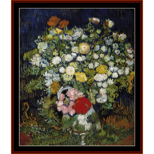 Counted Cross Stitch Pattern by Cross Stitch Collectibles based on Vincent Van Gogh's painting of a bouquet of flowers.