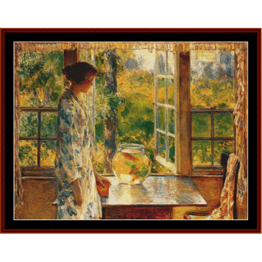 Counted Cross Stitch Pattern by Cross Stitch Collectibles depicting a scene with a woman standing by a window overlooking a garden, with a large fish bowl on the table in the foreground.
