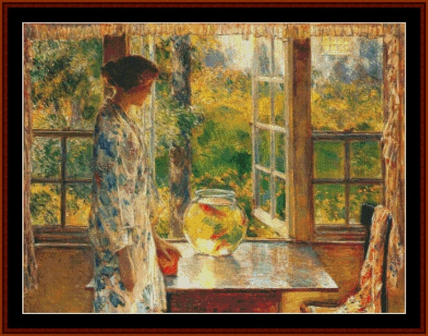 Counted Cross Stitch Pattern by Cross Stitch Collectibles  depicting a scene with a woman looking out of a window onto a garden, with a bowl of goldfish on the sill.