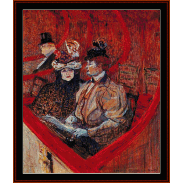 Counted Cross Stitch Pattern by Cross Stitch Collectibles featuring a theatrical scene with characters in vintage clothing, resembling a painting by Toulouse Lautrec.