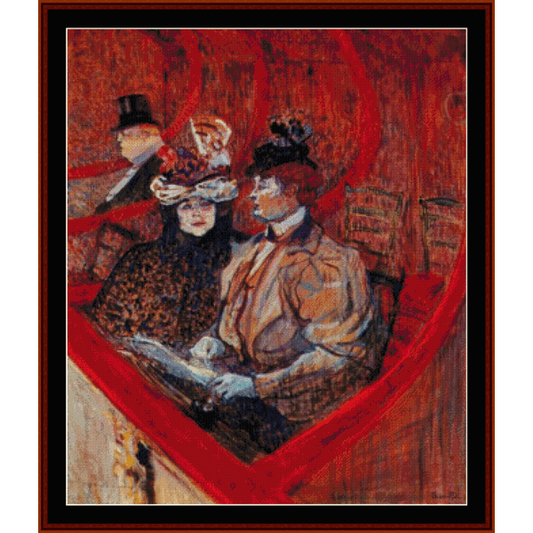 Counted Cross Stitch Pattern by Cross Stitch Collectibles featuring a theatrical scene with characters in vintage clothing, resembling a painting by Toulouse Lautrec.