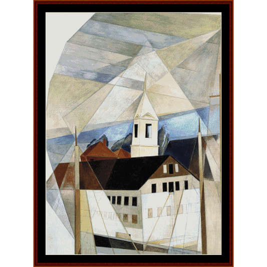 Counted Cross Stitch Pattern by Cross Stitch Collectibles depicting a geometrically stylized building, primarily in white and beige tones, with a geometric pattern in the background.