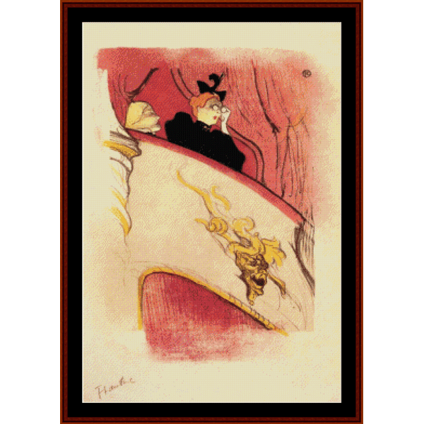 Counted Cross Stitch Pattern by Cross Stitch Collectibles inspired by 'Box with Gilded Mask, 1893' artwork by Toulouse Lautrec, featuring a depiction of a person in a mask on a red and black background.
