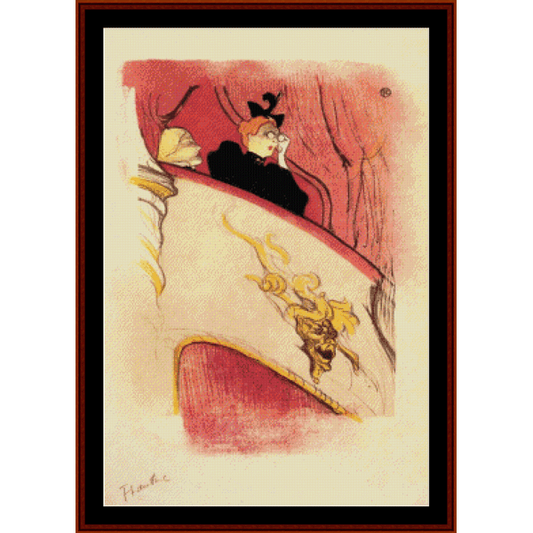 Counted Cross Stitch Pattern by Cross Stitch Collectibles inspired by 'Box with Gilded Mask, 1893' artwork by Toulouse Lautrec, featuring a depiction of a person in a mask on a red and black background.