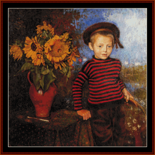 Counted Cross Stitch Pattern by Cross Stitch Collectibles depicting a young boy with sunflowers in the background, sitting next to a vase of sunflowers.