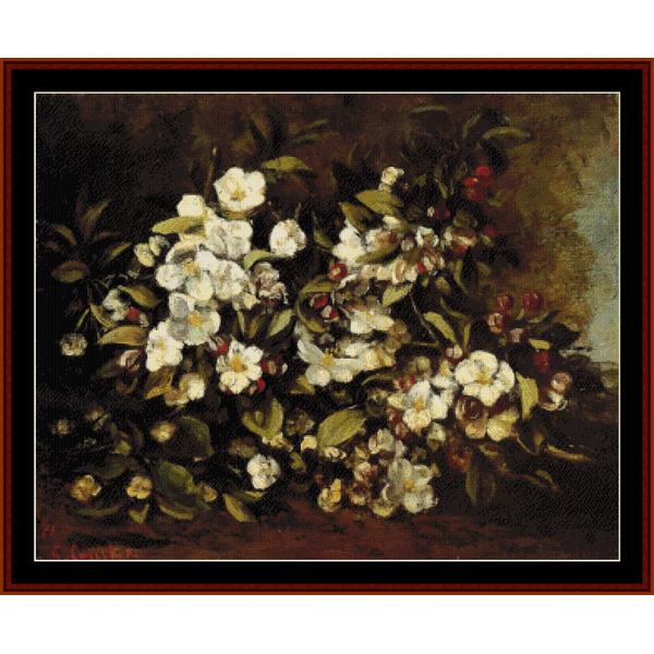 Counted Cross Stitch Pattern by Cross Stitch Collectibles depicting a branch of apple blossoms with white flowers and red berries against a dark background