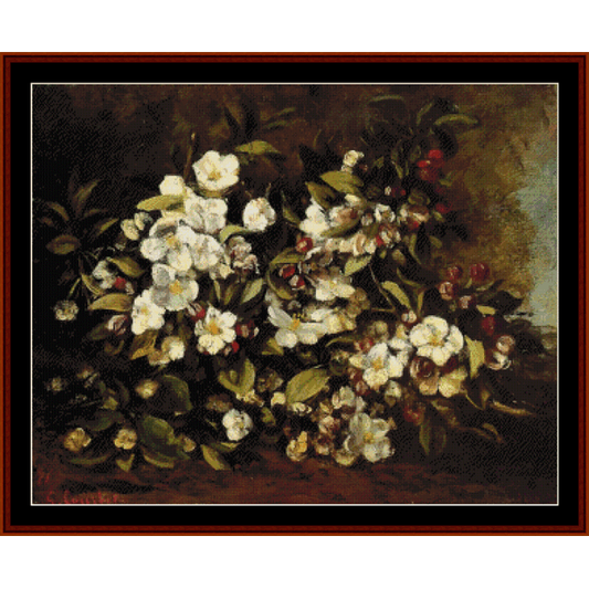 Counted Cross Stitch Pattern by Cross Stitch Collectibles depicting a branch of apple blossoms with white flowers and red berries against a dark background